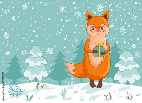 Christmas card with a cute fox. Vector illustration of Christmas theme. Palce your text.