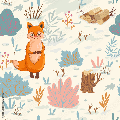 Christmas card with a cute fox. Vector seamless pattern of Christmas theme. Palce your text.