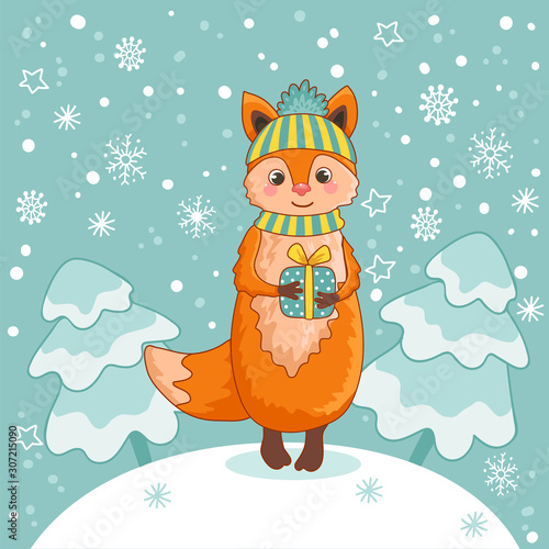 Christmas card with a cute fox. Vector illustration of Christmas theme. Palce your text.
