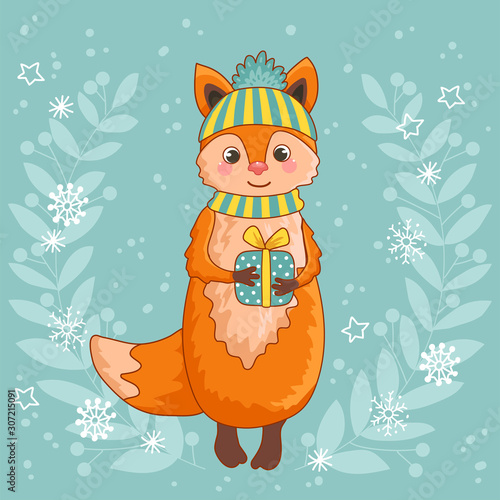 Christmas card with a cute fox. Vector illustration of Christmas theme. Palce your text.