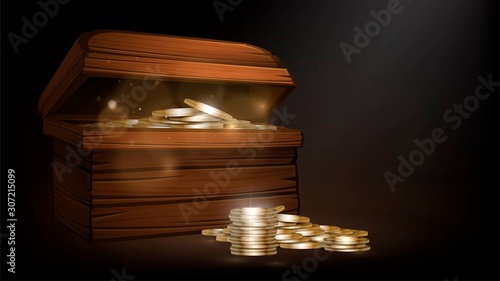 Wooden chest with gold coins, treasure, pirate treasure