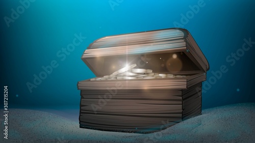 Wooden chest with gold coins on the seabed, treasure of a sunken ship, pirate treasure