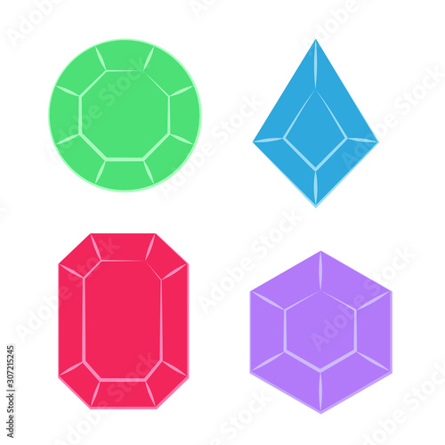 Jewels diamond in flat style. Diamonds gems, luxury jewel gemstones and precious gem. Crystal gemstone, jeweler gems precious or jeweller brilliant treasure. Isolated vector line icon set