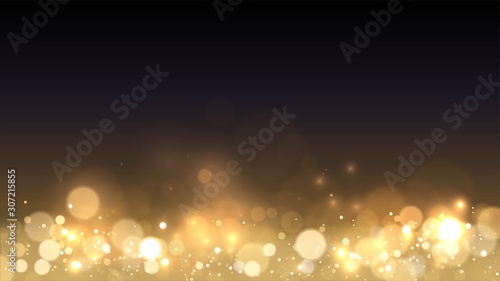 Vector background with golden bokeh dust, heaps of gold, blur effect, sparks