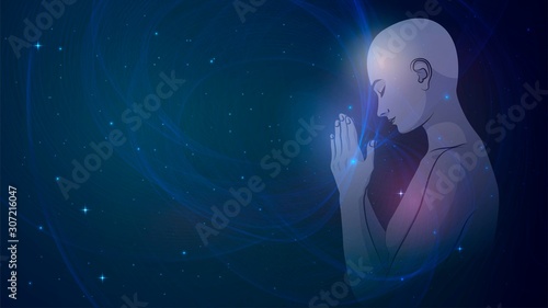 Praying human in the starry sky, zen, buddhism, meditation, awareness. Meditation, yoga, trans
