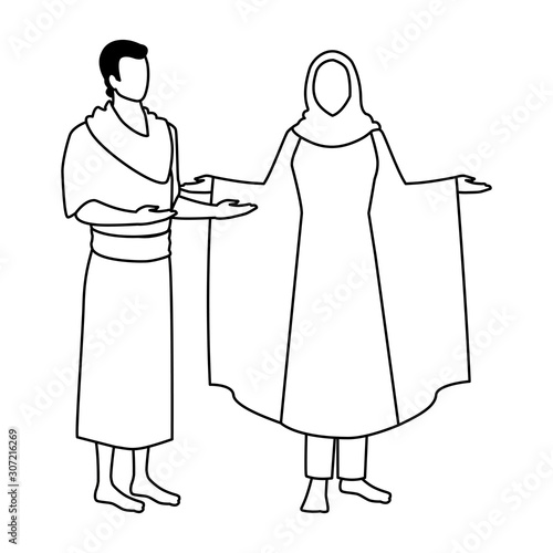 couple of people pilgrims hajj on white background