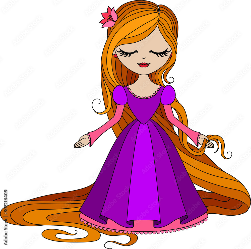 Fototapeta premium Cute little princess Rapunzel. Vector illustration