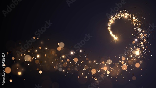 Background with a flying star and golden dust, sparkling spiral