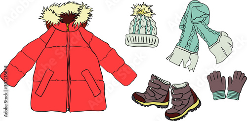 Vector illustration of children's winter clothes for girl in coral, blue and grey colors