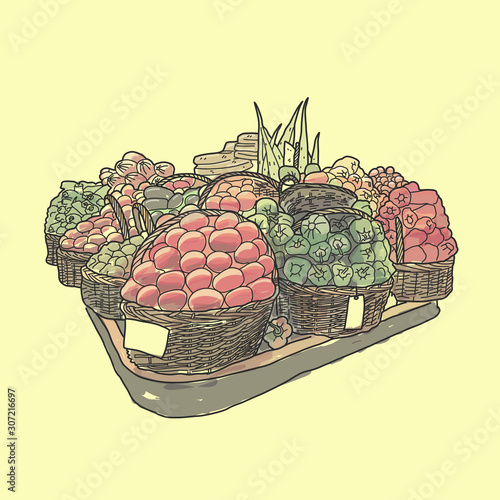 Fruits and vegetables are displayed in baskets.