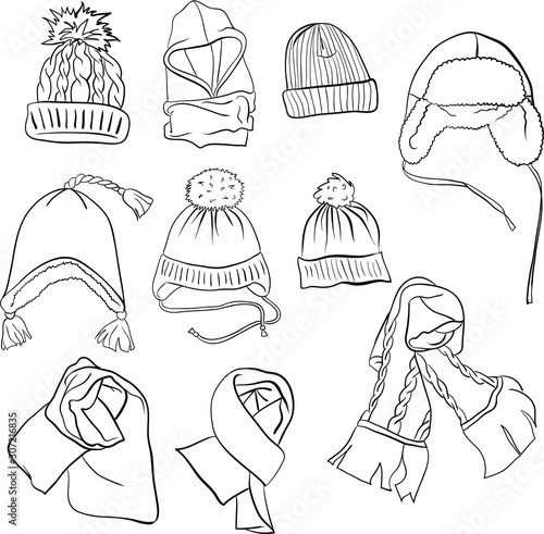 Sketch of children's hats and scarfs for boys and girls. 