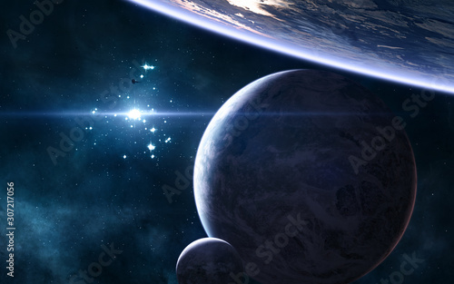 Planets of deep space in blue rays of a star cluster. Science fiction. Elements of this image furnished by NASA