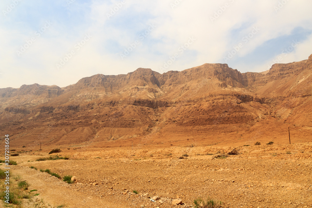 Judaean Desert panorama with natural terraces at mountains in West Bank, Israel