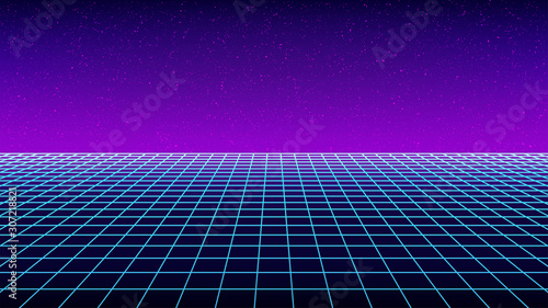 Synthwave backround template. Retro futuristic perspective grid backdrop. Simple sci-fi retro party flyer, banner, poster or cover. 80s or 90s style wireframe virtual scene. Stock vector illustration