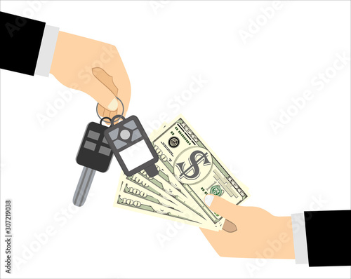 Car salesman giving key to new owner. Hand holding car key and money. vector illustration in flat style