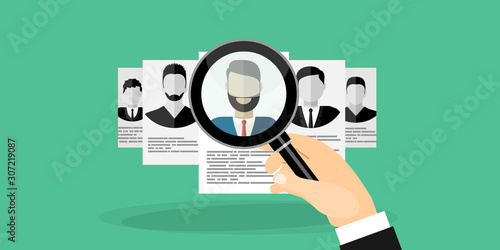 Human resources management select employee. Recruitment, concept of human resources management. CV application. Selecting staff. vector illustration in flat design