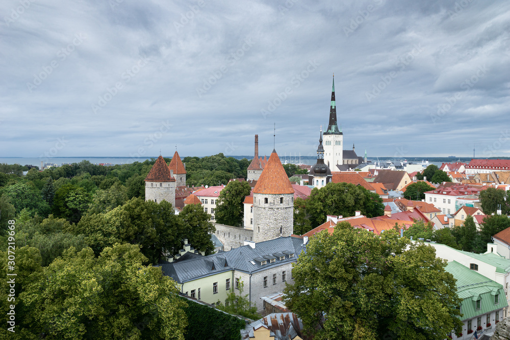 View of the center of old Tallinn. Observation deck. Spire. Estonia.