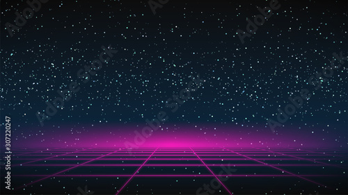 Synthwave grid Background. 80s Retro Future backdrop. Pink perspective grid on dark starry sky. Synthwave Fetro Futuristic party flyer, poster, cover, banner template. Sci-fi stock vector illustration photo