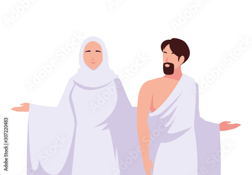 couple of people pilgrims hajj on white background