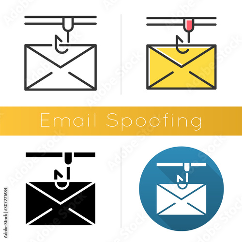 Email spoofing icon. Illegitimate business. Forged sender. Spamming. Fake email header. Mail phishing. Cybercrime. Flat design, linear and color styles. Isolated vector illustrations