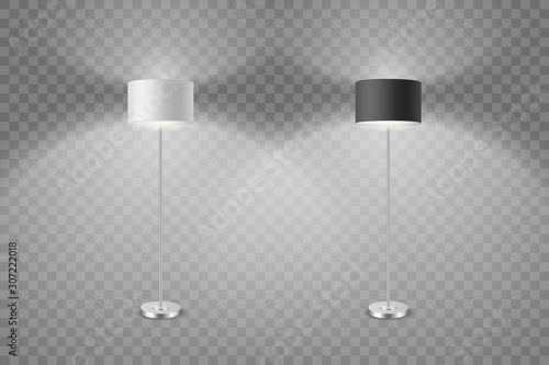 Vector Realistic White and Black Illuminated Lamp Set Isolated on Transparent Background. Floor Lamp. Template of Electric Torchere for Interior Design, Energy Furniture. Home Equipment, Modern Style