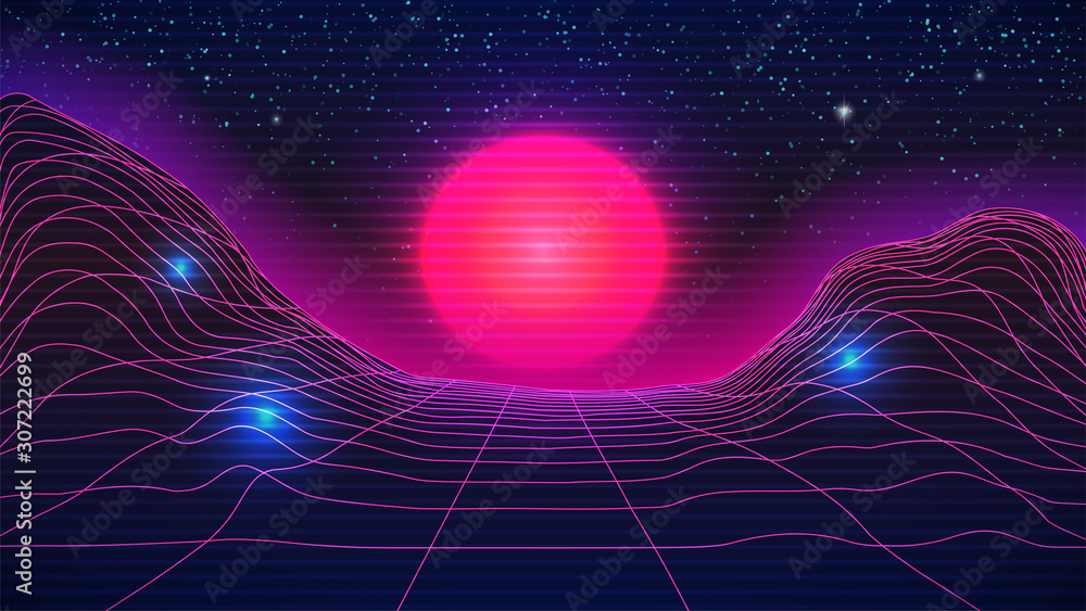 Synthwave sunset background. 80s sun, perspective grid, starry sky ...