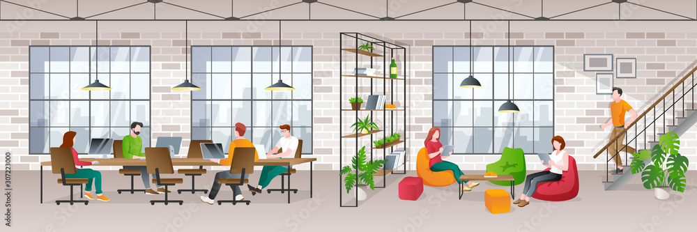 Coworking office loft interior with working people. Vector trendy flat illustration. Creative working space - obrazy, fototapety, plakaty 