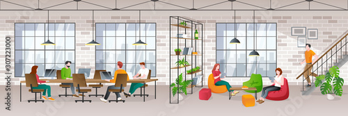 Coworking office loft interior with working people. Vector trendy flat illustration. Creative working space