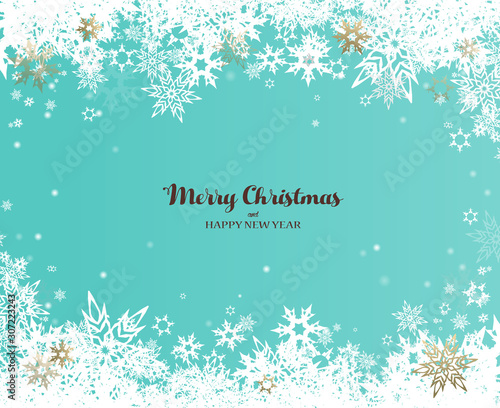 Have a Merry Christmas vector illustration with many snowflakes on turquoise background.