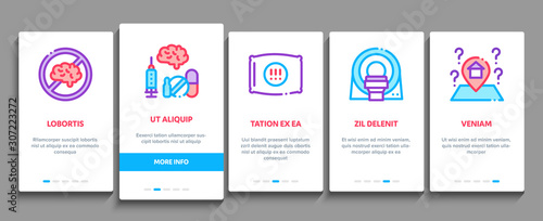 Alzheimers Disease Onboarding Mobile App Page Screen. Brain And Drugs, Wheelchair And Man Silhouette With Alzheimers Illness Concept Illustrations