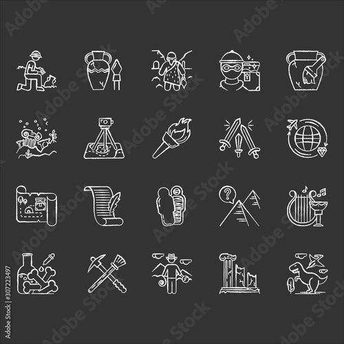 Archeology chalk icons set. Researcher on excavation. Ancient artifacts. Prehistoric life. Lost cities. Old culture. Field research. Restoration. Flambeau. Isolated vector chalkboard illustrations