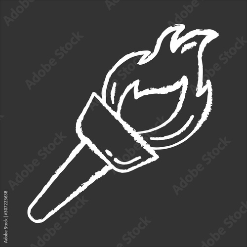 Medieval torch chalk icon. Burning fire. Bright beacon. Flare, bonfire. Ancient olympic sport victory. Historic discovery. Traveling and exploration. Isolated vector chalkboard illustration