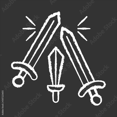Sword fighting chalk icon. Weapon clashing. Battling and war. Ancient history. Longswords and broadswords. Military competition. Battlefield. Medieval culture. Isolated vector chalkboard illustration