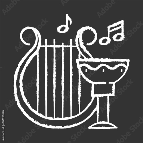 Ancient culture and life chalk icon. Harp melody. Goblet for wine. Greek old artifacts. Historical items. Archeological discoveries. Music instrument. Isolated vector chalkboard illustration