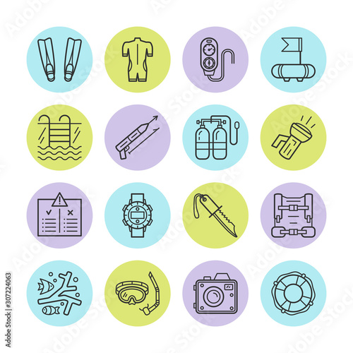 Diving equipment, accessories and scuba gear thin line icons set