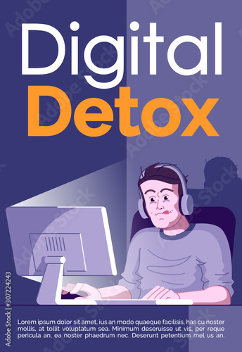 Digital detox brochure template. Stop gaming addiction. Internet, computer dependency. Flyer, booklet, leaflet concept with flat illustrations. Vector page cartoon layout for magazine with text space