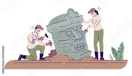 Archaeologists researching ancient sculpture flat vector illustration. Archaeology. Man and woman studying lost civilization isolated cartoon characters with outline elements on white background