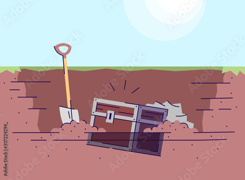 Digging up treasure chest flat vector illustration. Archaeological excavations. Learning of world history. Treasure hunting. Ancient box and spade in ground pit. Historical expedition cartoon backdrop
