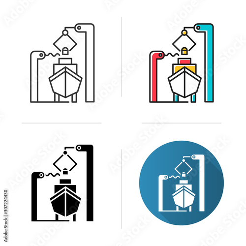Shipbuilding industry icon. Boat mechanical maintenance. Ship fixing and repairing. Nautical vehicle technical construction. Flat design, linear and color styles. Isolated vector illustrations