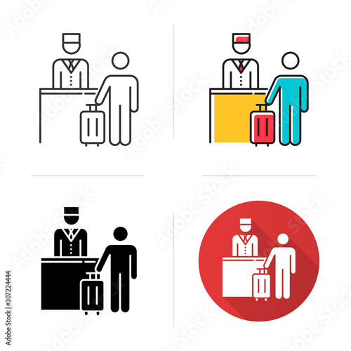 Hospitality industry icon. Customer with suitcase. Tourist. Receptionist, concierge. Hotel management. Reservation, checkout desk. Flat design, linear and color styles. Isolated vector illustrations