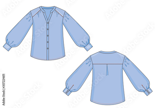 Color fashion technical sketch of blouse with cuffs in vector graphic