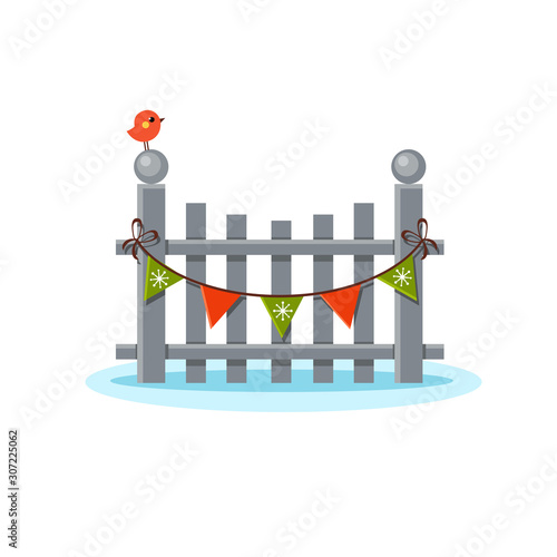 Vector gray wooden fence on snow with a garland of flags and a little bird above. Cartoon winter illustration. Cute christmas element
