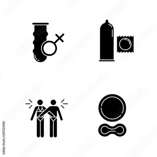 Safe sex glyph icons set. Female vaginal condom. Male latex preservative. Mutual masturbation. Contraceptive ring. Erotic play. Intimate relationship. Silhouette symbols. Vector isolated illustration