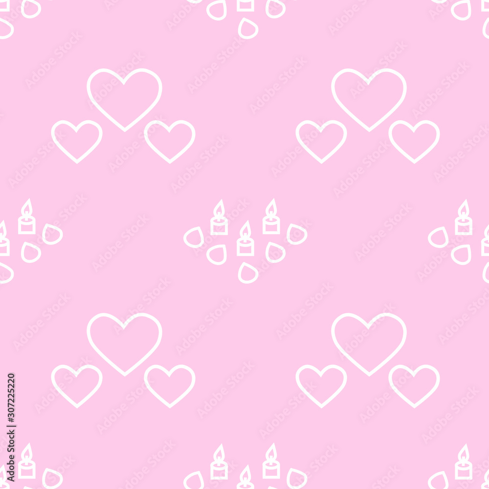 Sweet pastel Valentine's day seamless pattern with white hearts and candles on the pink background. Vector lovely ornament. Usable for invitations, cards, wrapping paper, packets