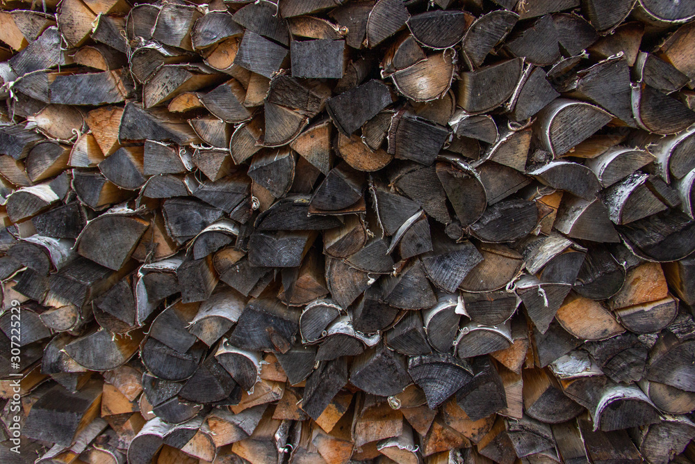 Chopped firewood background, texture. Logs stacked and prepared for winter.  Heating season, winter season.