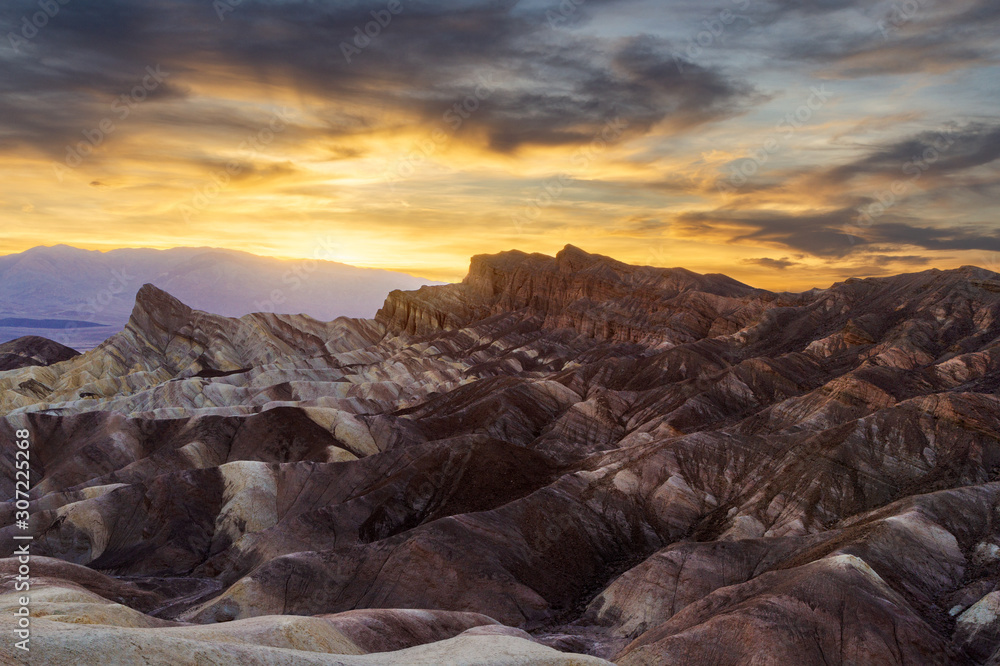 Zabriskie Point in the Death Valley at sunset, US