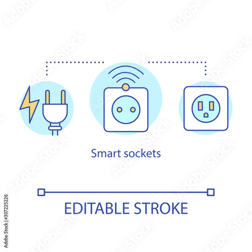 Smart sockets concept icon. Electrical outlet for house automation. Smart plug control with home network idea thin line illustration. Vector isolated outline drawing. Editable stroke