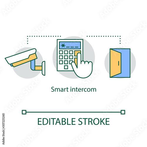 Smart intercom concept icon. Home security system. Video and communication system for visitor control. Smart building idea thin line illustration. Vector isolated outline drawing. Editable stroke