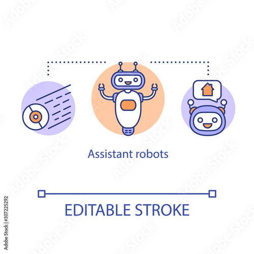 Assistant robots concept icon. Household robotic device. Artificial intelligence in modern life. Support service idea thin line illustration. Vector isolated outline drawing. Editable stroke