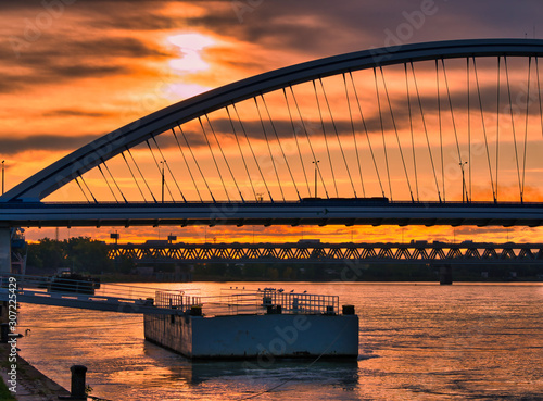 Bratislava bridges over Danube river and sunrise, Slovakia